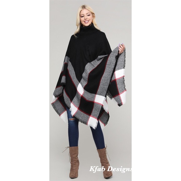 🥰LAST! Black Plaid Contrast Turtleneck Poncho! - Picture 3 of 5